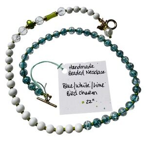 Handmade Beaded Necklace Women 22" Blue White Lime Bird Charm Toggle‎